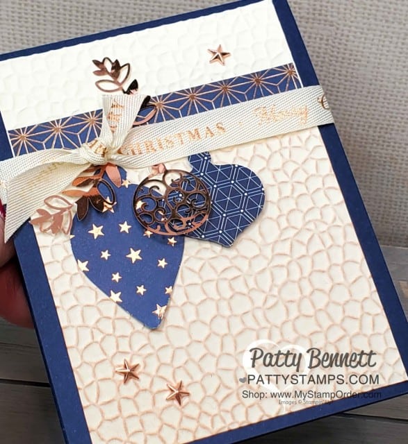 Stampin' UP! Brightly Gleaming Suite Christmas Card idea featuring the Hammered Metal embossing folder with Copper Delicata ink and Ornament punch embellishments! By Patty Bennett www.PattyStamps.com