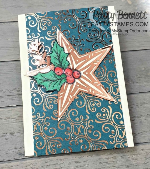 Beginner Stampin' Up! Christmas Card Idea featuring the Brightly Gleaming Suite, Copper Foil Star and colored holly with Stampin' Blends marker by Patty Bennett www.PattyStamps.com