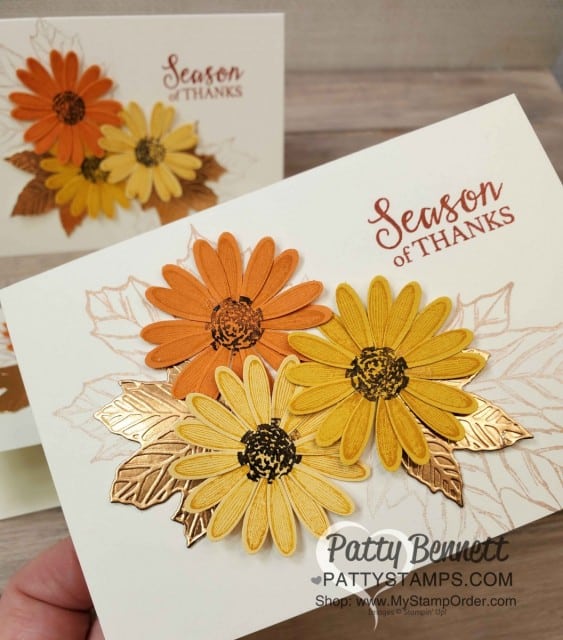 Fall Thanks Card idea featuring Stampin' UP! Medium Daisy Punch and Copper Foil Gathered Leaves die. www.PattyStamps.com