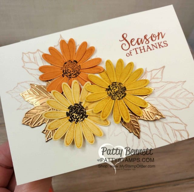 Fall Thanks Card idea featuring Stampin' UP! Medium Daisy Punch and Copper Foil Gathered Leaves die. www.PattyStamps.com