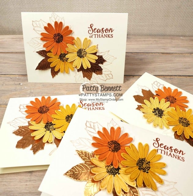 Fall Thanks Card idea featuring Stampin' UP! Medium Daisy Punch and Copper Foil Gathered Leaves die. www.PattyStamps.com