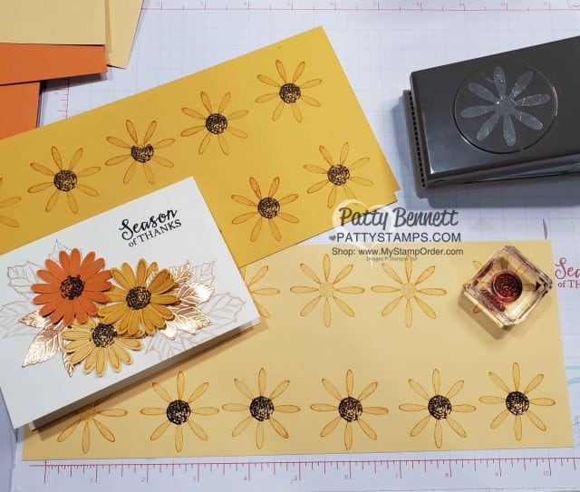 Fall Thanks Card idea featuring Stampin' UP! Medium Daisy Punch and Copper Foil Gathered Leaves die. www.PattyStamps.com