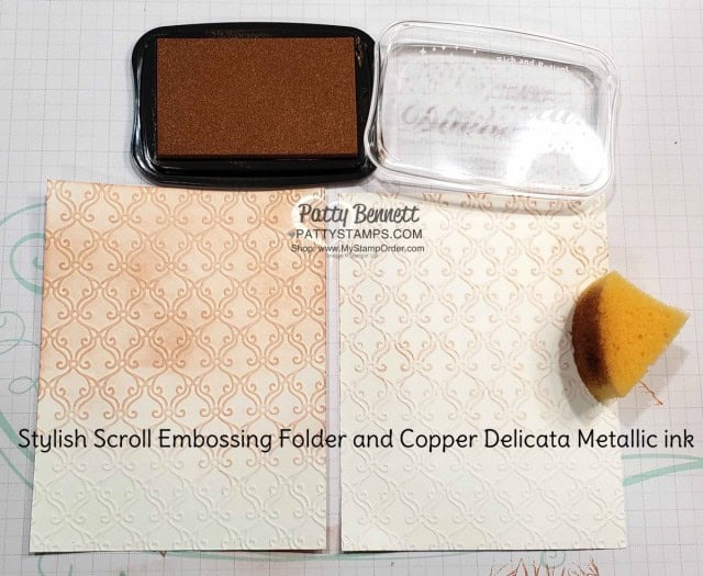 Stampin' Up! Fall Card idea featuring Stylish Scroll Embossing folder and Copper Delicata Metallic ink, by Patty Bennett www.PattyStamps.com