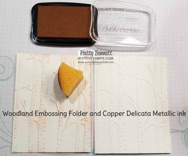 Stampin' Up! Fall Card idea featuring Woodland Embossing folder and Copper Delicata Metallic ink, by Patty Bennett www.PattyStamps.com