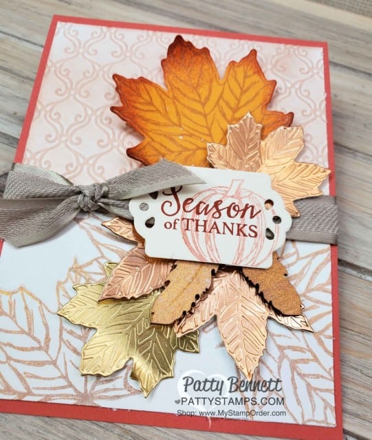 Stampin' Up! Fall Card idea featuring Gather Together Bundle and Stylish Scroll Embossing folder and Copper Delicata Metallic ink, by Patty Bennett www.PattyStamps.com