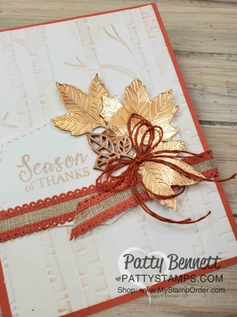 Stampin' Up! Gather Together bundle Fall Card idea featuring Woodland Embossing folder and Copper Delicata Metallic ink, by Patty Bennett www.PattyStamps.com