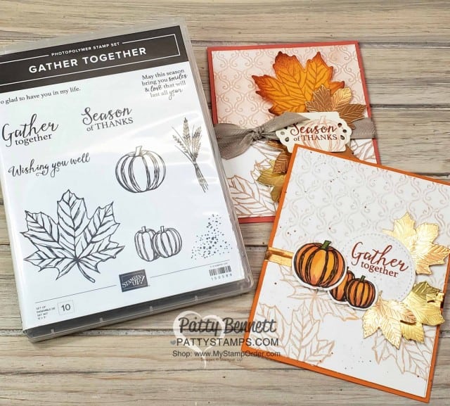 Stampin' Up! Fall Card idea featuring Gather Together Bundle and Stylish Scroll Embossing folder and Copper Delicata Metallic ink, by Patty Bennett www.PattyStamps.com