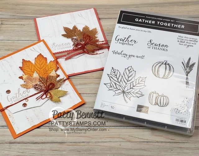 Stampin' Up! Gather Together bundle Fall Card idea featuring Woodland Embossing folder and Copper Delicata Metallic ink, by Patty Bennett www.PattyStamps.com