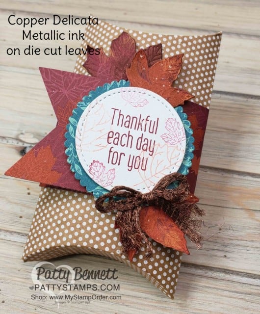 Fall Treat or Hostess gift idea for Thanksgiving featuring Stampin' UP! Pillow Box and the To Every Season bundle and Gathered Leaves dies with Come to Gather DSP. www.PattyStamps.com