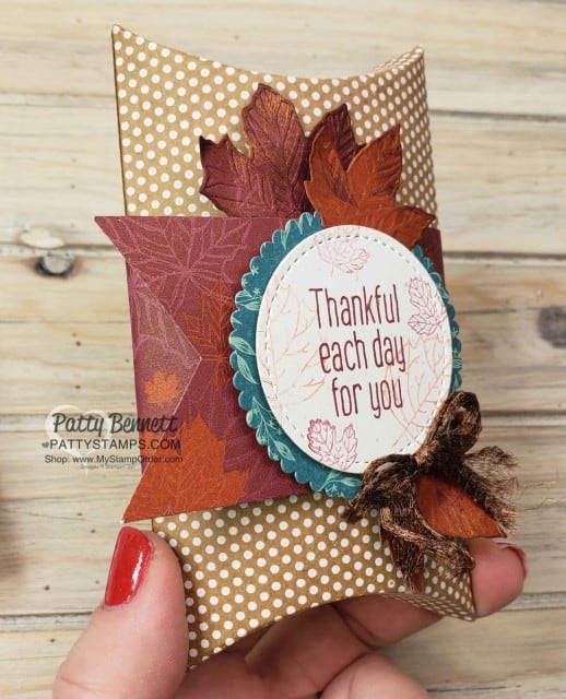 Fall Treat or Hostess gift idea for Thanksgiving featuring Stampin' UP! Pillow Box and the To Every Season bundle and Gathered Leaves dies with Come to Gather DSP. www.PattyStamps.com