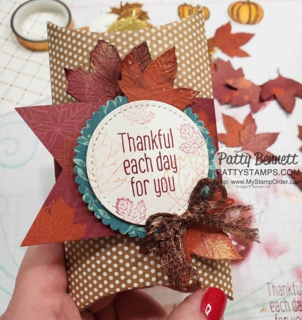 Fall Treat or Hostess gift idea for Thanksgiving featuring Stampin' UP! Pillow Box and the To Every Season bundle and Gathered Leaves dies with Come to Gather DSP. www.PattyStamps.com