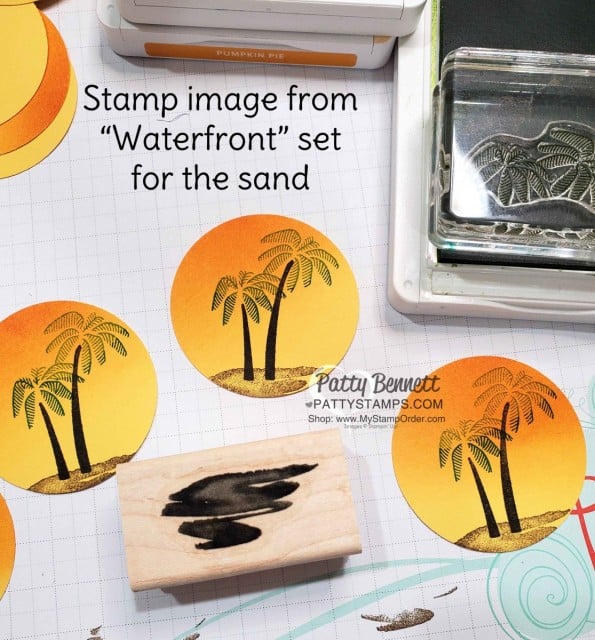 Stamped palm tree circles for Stampin' UP! Friend Like You stamp set Happy Day card for my Luv 2 Stamp Group Maui Trip Achievers. www.PattyStamps.com