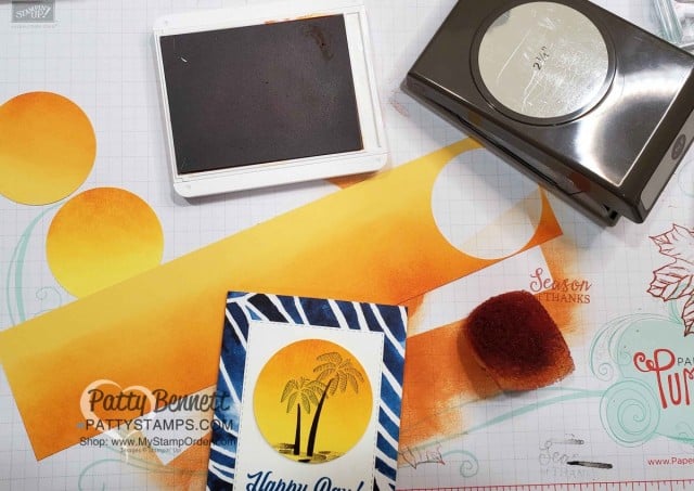 Stamped palm tree circles for Stampin' UP! Friend Like You stamp set Happy Day card for my Luv 2 Stamp Group Maui Trip Achievers. www.PattyStamps.com
