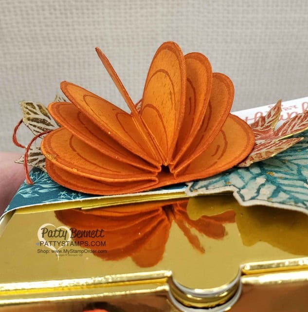 Harvest Hellos pumpkin punch - Fall or Thanksgiving home decor or gift giving idea. Stampin' Up! Gold Pizza Box with 3-D pumpkin and Gather Together designer paper fall leaves. Embellish with Gold Delicata ink. www.PattyStamps.com