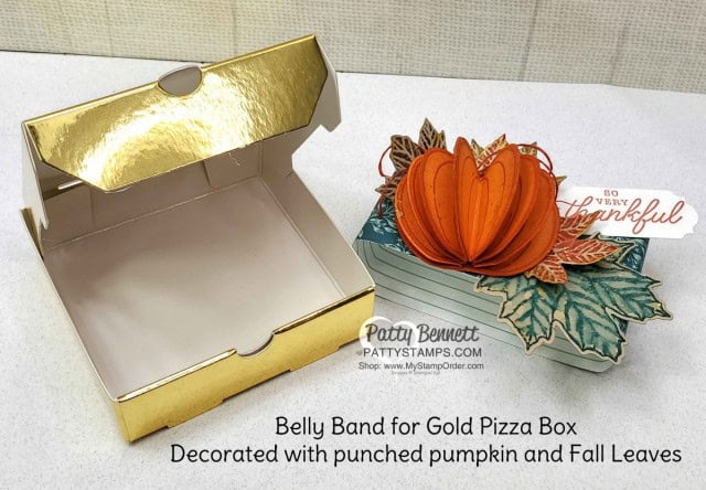 Stampin' Up! Gold Pizza Box with 3-D pumpkin and Gather Together designer paper fall leaves. Embellish with Gold Delicata ink. www.PattyStamps.com