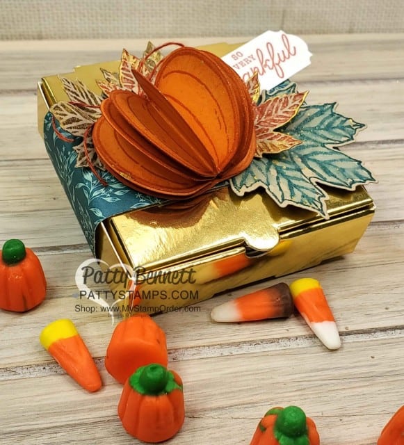 Stampin' Up! Gold Pizza Box with 3-D pumpkin and Gather Together designer paper fall leaves. Embellish with Gold Delicata ink. www.PattyStamps.com