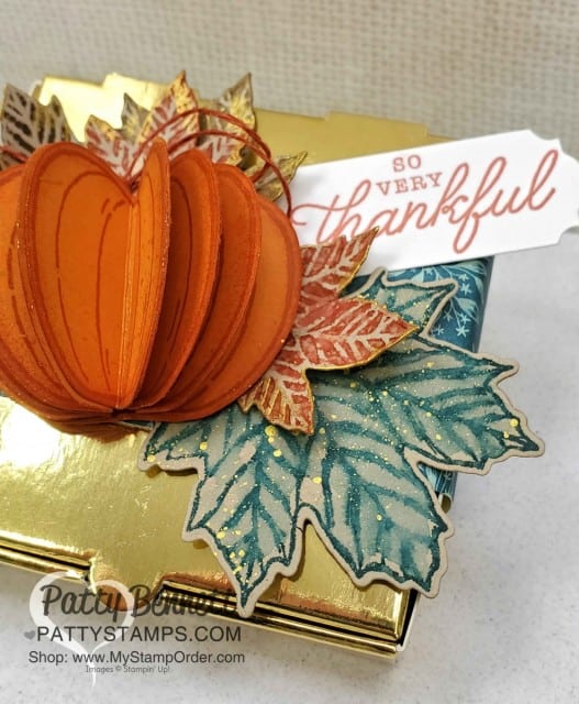 Stampin' Up! Gold Pizza Box with 3-D pumpkin and Gather Together designer paper fall leaves. Embellish with Gold Delicata ink. www.PattyStamps.com