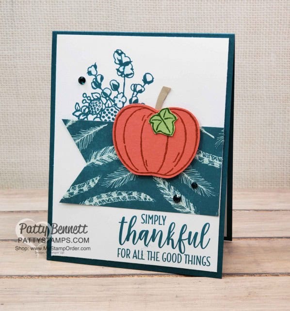 Harvest Hellos pumpkin fall card idea featuring Stampin' Up! Come to Gather designer paper and the Country Home stamp set, by Patty Bennett www.PattyStamps.com