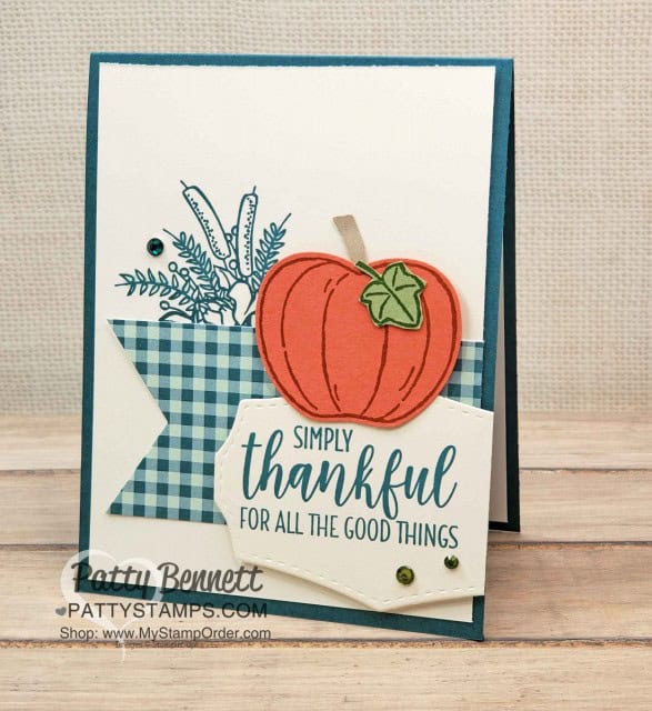 Harvest Hellos pumpkin fall card idea featuring Stampin' Up! Come to Gather designer paper and the Country Home stamp set, by Patty Bennett www.PattyStamps.com