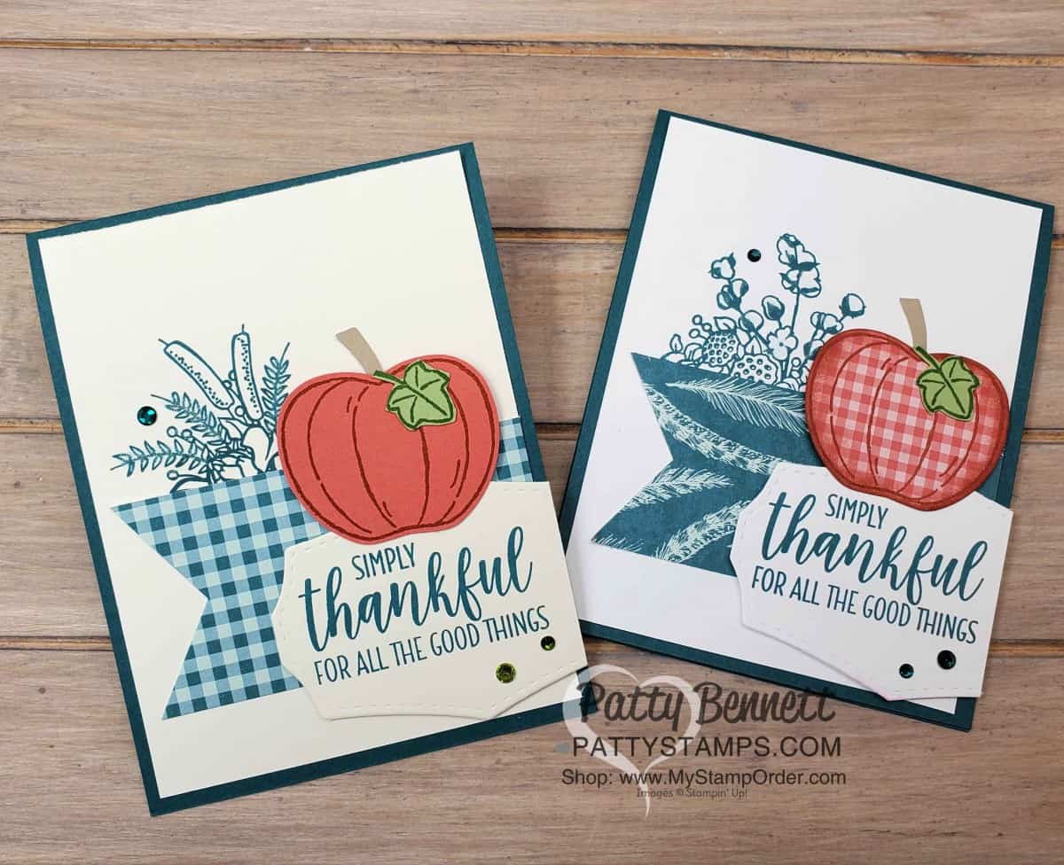 Harvest Hellos pumpkin fall card idea featuring Stampin' Up! Come to Gather designer paper and the Country Home stamp set, by Patty Bennett www.PattyStamps.com