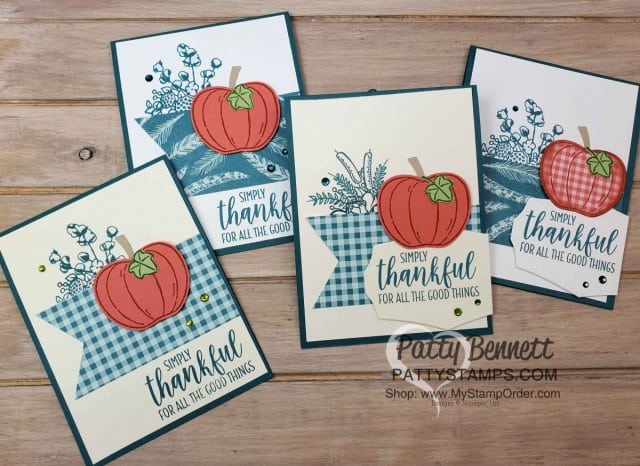 Harvest Hellos pumpkin fall card idea featuring Stampin' Up! Come to Gather designer paper and the Country Home stamp set, by Patty Bennett www.PattyStamps.com
