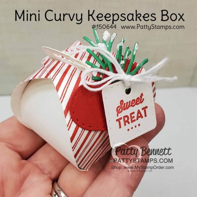 Mini Curvy Keepsakes treat box decorated for Christmas sweet treats. Stampin' UP! Holiday catalog 2019. Patty Bennett www.PattyStamps.com
