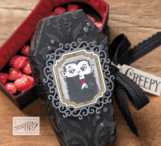 Stampin' UP! Halloween Monsterr Bash paper coffins for handmade treats, home decor and party favors!! Shop online www.PattyStamps.com