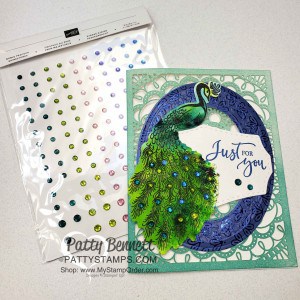 Stampin' UP! Noble Peacock bundle card idea featuring Pigment Sprinkles watercolor technique and Noble Peacock Rhinestones, with Heirloom Frames dies / embossing folder, by Patty Bennett www.PattyStamps.com