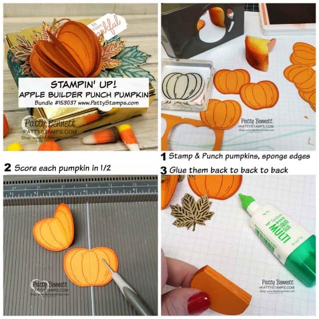 Stampin' Up! Gold Pizza Box with 3-D pumpkin and Gather Together designer paper fall leaves. Embellish with Gold Delicata ink. www.PattyStamps.com
