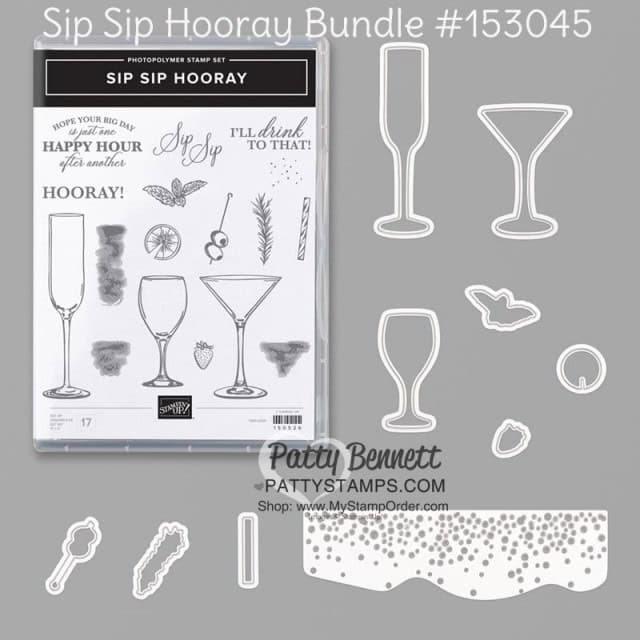 Stampin Up Sip Sip Hooray bundle #153045 - cheers to the New Year or celebrate card with wine, champagne and a martini! www.PattyStamps.com