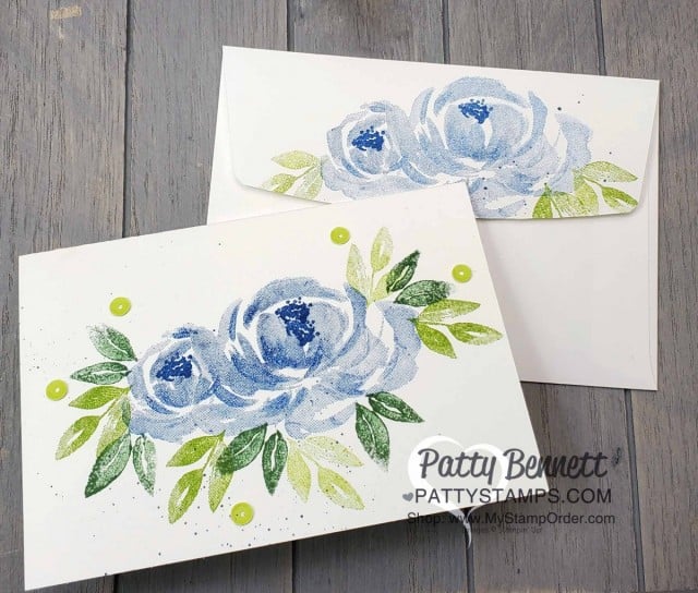 Beautiful Friendship Stampin' Up! flower note card with blue roses and sequins. www.PattyStamps.com