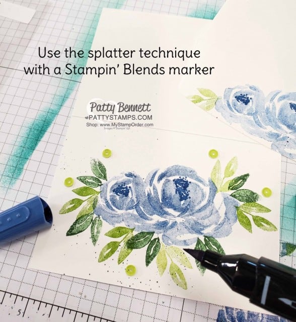 Splatter technique with Stampin Blends for the Beautiful Friendship Stampin Up! flower note card with blue roses and sequins. www.PattyStamps.com