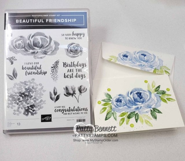 Beautiful Friendship Stampin' Up! flower card with blue roses and sequins. www.PattyStamps.com