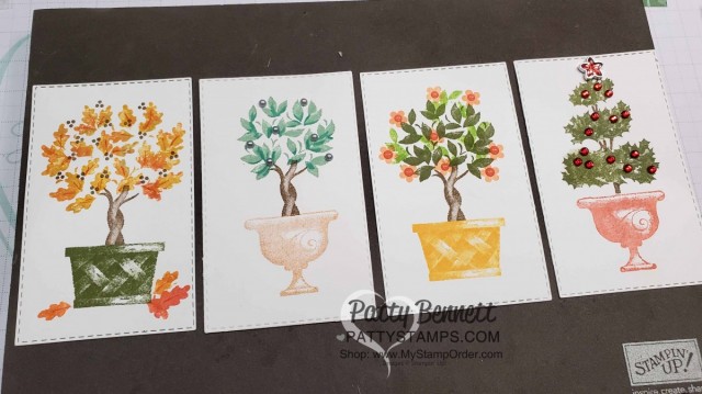 Beauty and Joy Topiary stamp set from Stampin Up, featuring designs for 4 seasons, by Patty Bennett www.PattyStamps.com