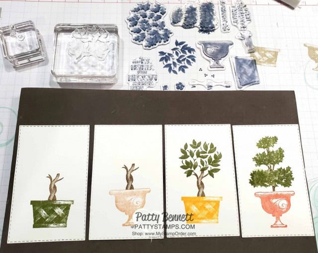 Beauty and Joy Topiary stamp set from Stampin Up, featuring designs for 4 seasons, by Patty Bennett www.PattyStamps.com
