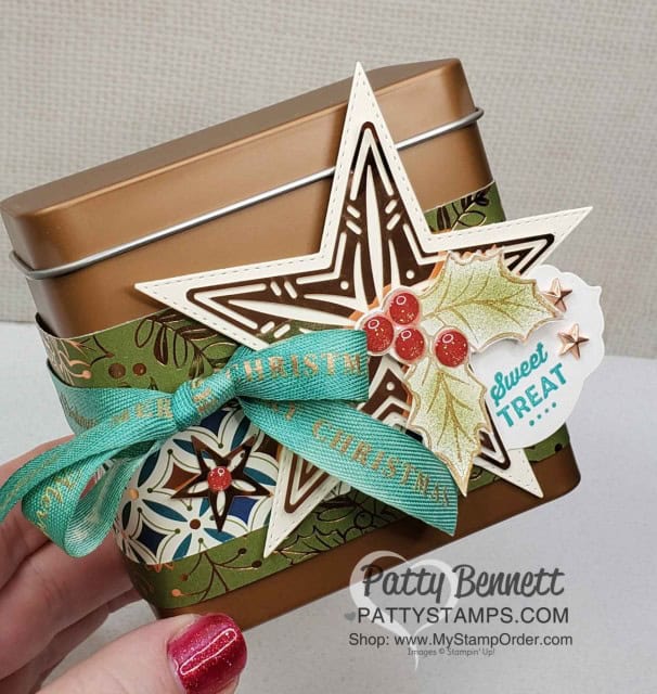 Copper Tin Gift Packaging idea, featuring Stampin Up Brightly Gleaming designer paper and copper foil star with ribbon colored with Stampin' Blends markers. www.PattyStamps.com