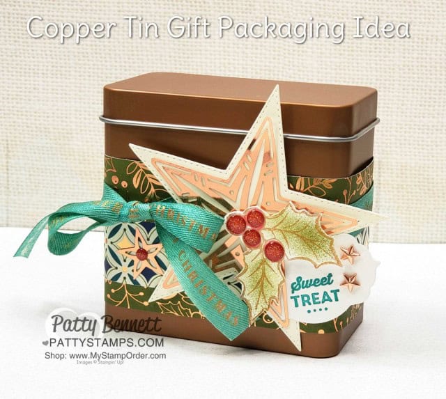Copper Tin Gift Packaging idea, featuring Stampin Up Brightly Gleaming designer paper and copper foil star with ribbon colored with Stampin' Blends markers. www.PattyStamps.com