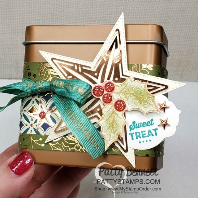 Copper Tin Gift Packaging idea, featuring Stampin Up Brightly Gleaming designer paper and copper foil star. www.PattyStamps.com