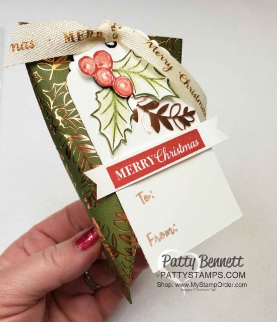 Sour Cream Twist Christmas Candy treat pouch featuring Stampin' UP! Brightly Gleaming designer paper and Christmas Gleaming stamp set. by Patty Bennett www.PattyStamps.com