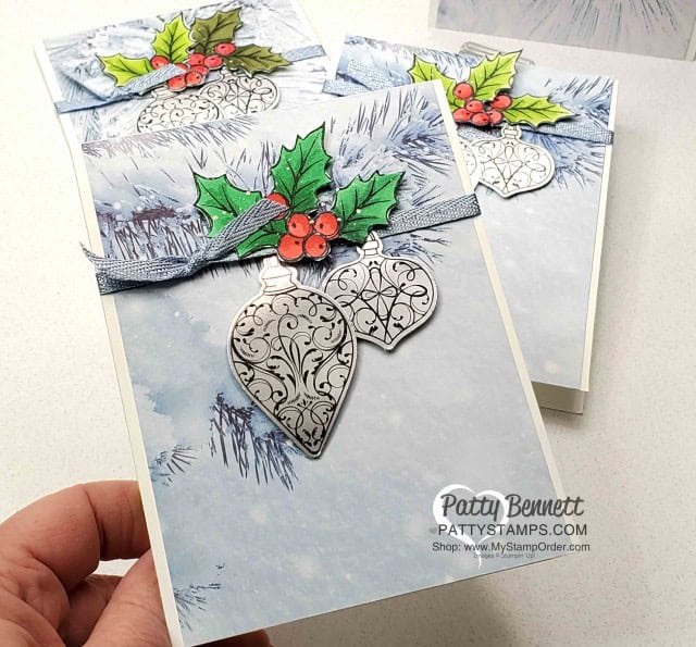 Easy Christmas Card Idea featuring Stampin Up Feels like Frost paper, Christmas Gleaming stamp set with punched ornaments on Silver Foil paper and holly colored with Stampin' Blends by Patty Bennett www.PattyStamps.com