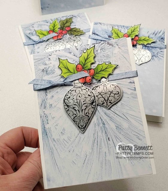 Easy Christmas Card Idea featuring Stampin Up Feels like Frost paper, Christmas Gleaming stamp set with punched ornaments on Silver Foil paper and holly colored with Stampin' Blends by Patty Bennett www.PattyStamps.com