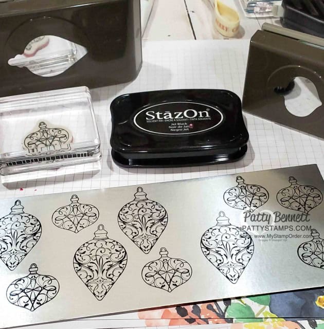Easy Christmas Card Idea featuring Stampin Up Christmas Gleaming stamp set with punched ornaments on Silver Foil paper stamped with Stazon ink, by Patty Bennett www.PattyStamps.com