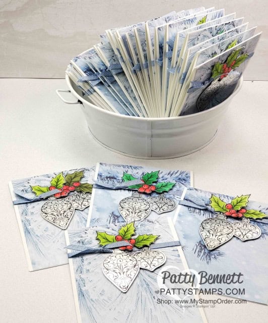 Easy Christmas Card Idea featuring Stampin Up Feels like Frost paper, Christmas Gleaming stamp set with punched ornaments on Silver Foil paper and holly colored with Stampin' Blends by Patty Bennett www.PattyStamps.com