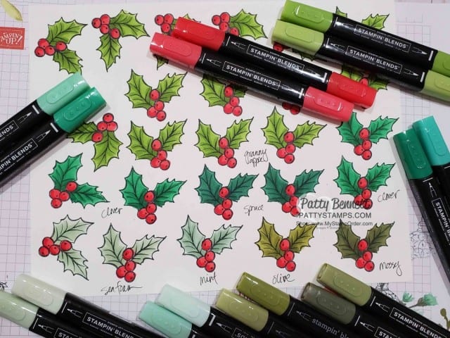 Easy Christmas Card Idea featuring Stampin Up Christmas Gleaming stamp set with holly colored with Stampin' Blends markers by Patty Bennett www.PattyStamps.com