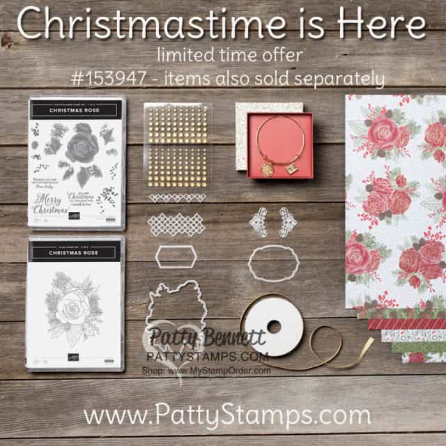 Christmastime is Here limited time suite from Stampin Up  - designer paper die cut with Roses die, Christmas Card ideas and more.  by Patty Bennett www.PattyStamps.com