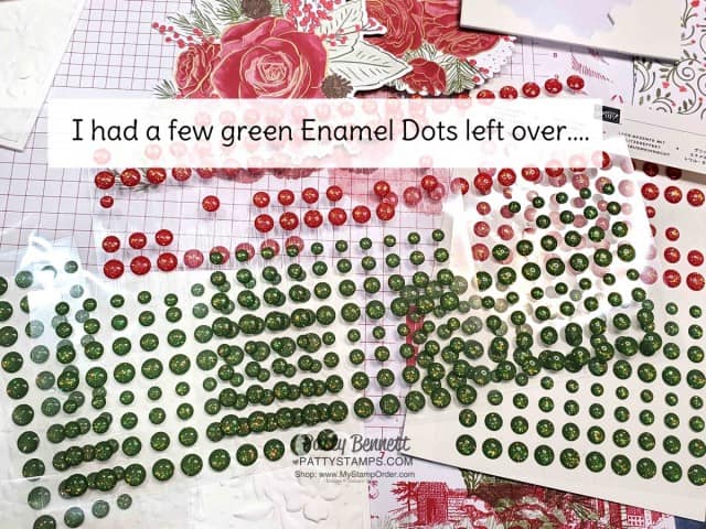 Christmastime is Here suite from Stampin Up - designer paper die cut with Roses die, Christmas Card idea featuring Toile Tidings Garden Green Glitter enamel dots by Patty Bennett www.PattyStamps.com