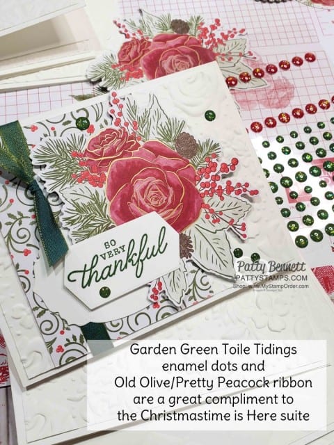 Christmastime is Here suite from Stampin Up - designer paper die cut with Roses die, Christmas Card idea featuring Toile Tidings Garden Green Glitter enamel dots by Patty Bennett www.PattyStamps.com