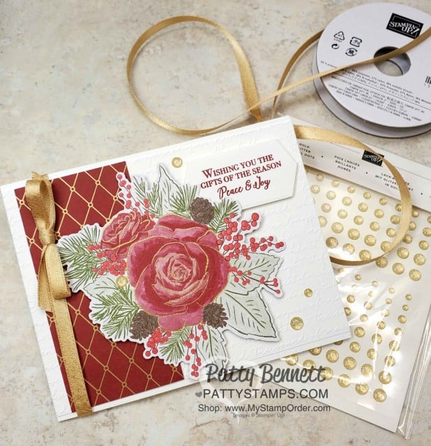 Christmastime is Here suite from Stampin Up - designer paper die cut with Roses die, Christmas Card idea featuring Subtle embossing folder, by Patty Bennett www.PattyStamps.com