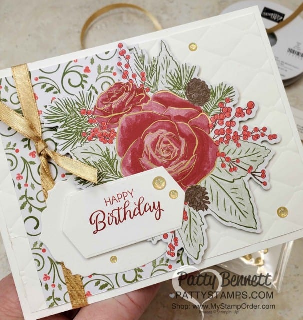 Christmastime is Here suite from Stampin Up - designer paper die cut with Roses die, Christmas Card idea featuring Tufted, embossing folder, by Patty Bennett www.PattyStamps.com