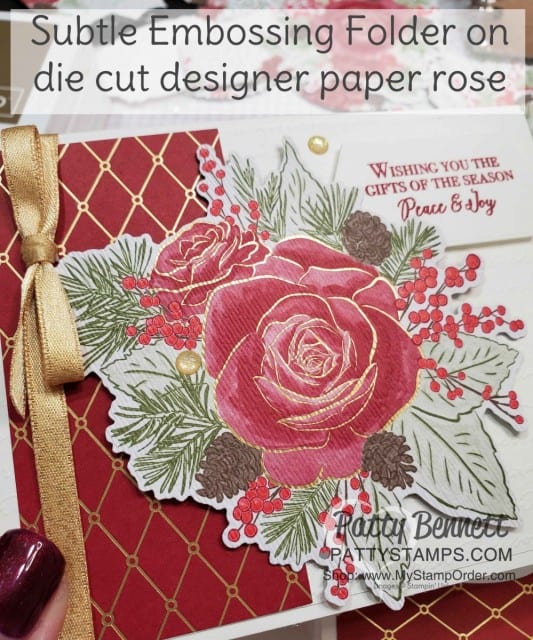 Christmastime is Here suite from Stampin Up - designer paper die cut with Roses die, Christmas Card idea featuring Subtle embossing folder, by Patty Bennett www.PattyStamps.com